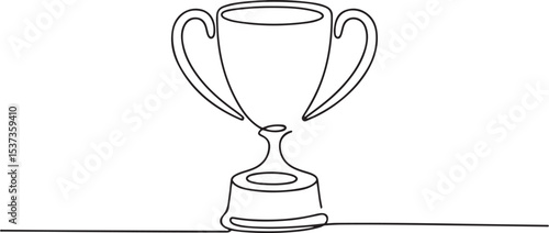 Continuous line art drawing of a trophy cup, victory and award symbol on white background