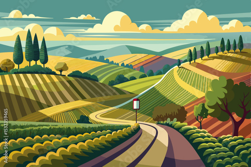  winding road through vineyard hills
