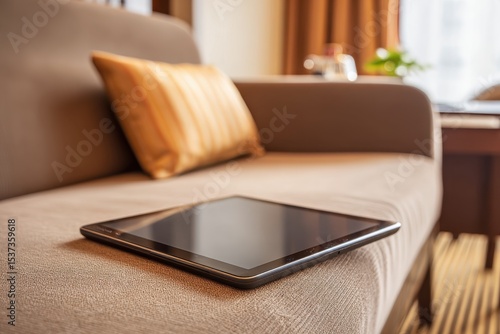 Wallpaper Mural Tablet device rests on a comfortable sofa, inviting relaxation and digital connectivity in a modern interior setting, providing a cozy blend of technology. Torontodigital.ca