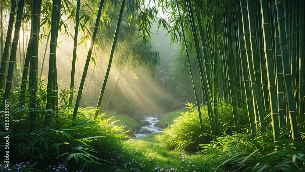 Obraz premium Sunlight Streaming Through Green Bamboo Forest with Small Stream