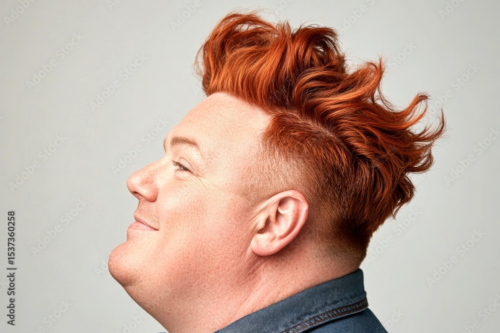 Obraz premium Fashionable men's high fade haircut - midlife white man with red hair. Conceptual art of style for aging men. Pure white solid background. A modern and happy gentleman enjoying his moment.