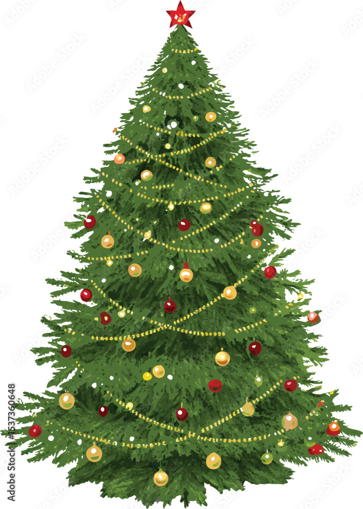 Festive Christmas Tree Illustration with Red Star and Colorful Ornaments Festive Christmas Tree Illustration with Red Star and Colorful Ornaments