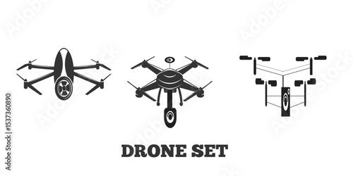 Collection of futuristic drone icons with different designs for aerial technology concepts