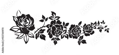Black roses flowers silhouette set vector drawing.Floral beautiful wedding element.Set of rose with leaves. vector illustration eps 10.