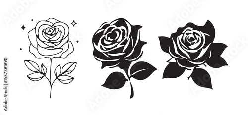 Black roses flowers silhouette set vector drawing.Floral beautiful wedding element.Set of rose with leaves. vector illustration eps 10.