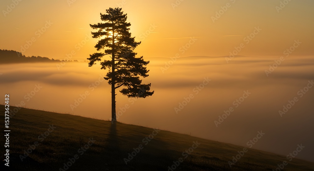 Fototapeta premium Solitary Pine Tree Silhouette at Sunrise Over Foggy Landscape