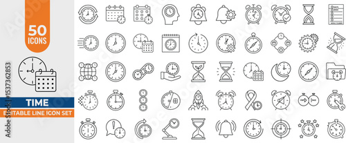 Editable Time Line Icon Set – Modern Thin Line Vector Clocks, Timers, Alarms & Stopwatches. Editable Stroke. Vector illustration