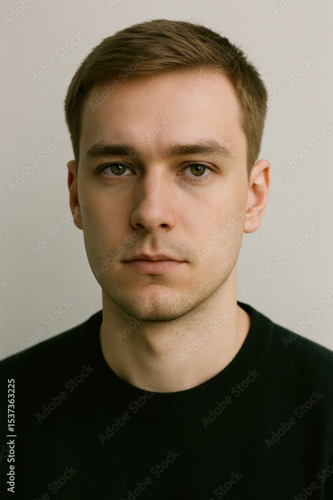 Obraz premium A portrait of a 25-year-old Baltic man with dark blond hair and calm charisma, showcasing timeless masculinity, minimal styling, and natural elegance under soft studio lighting
