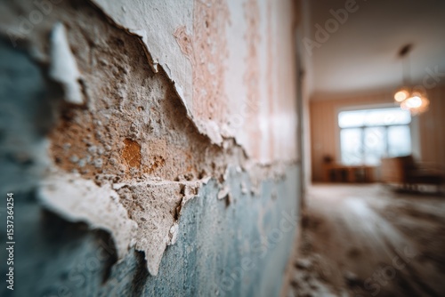 Close-up of a decaying wall with peeling paint and visible brickwork in an old room, creating a sense of disrepair and historical texture with a blurred background.