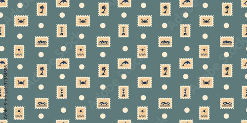 Vintage postage stamp pattern, seamless retro travel and beach icons on editable background