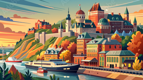 View from Levis city on cityscape and skyline of Quebec City, Canada with Saint Lawrence river and tour boats, funicular Very beautiful