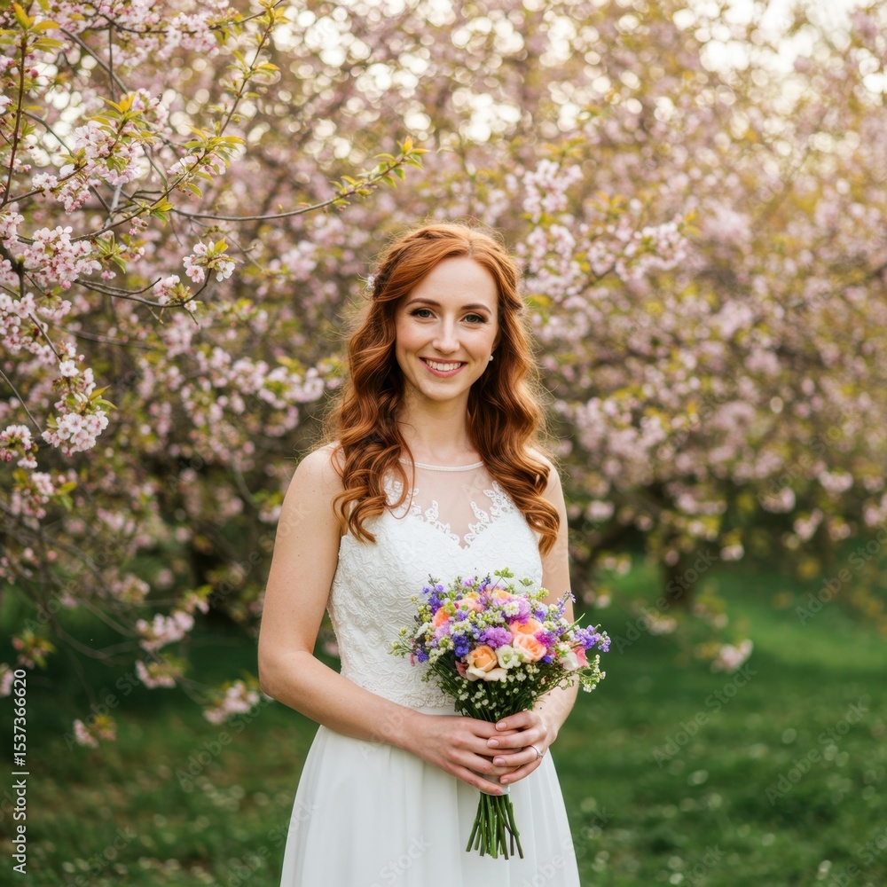 Smiling Bride in White Dress with Bouquet Posing Amongst Pink Cherry Blossoms Smiling Bride in White Dress with Bouquet Posing Amongst Pink Cherry Blossoms