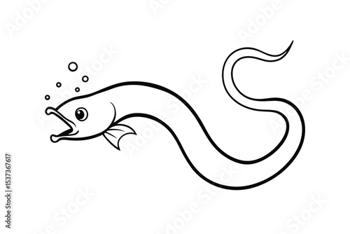 Gulper eel unhinging its jaw to swallow prey in deep sea Line Art Vector illustration