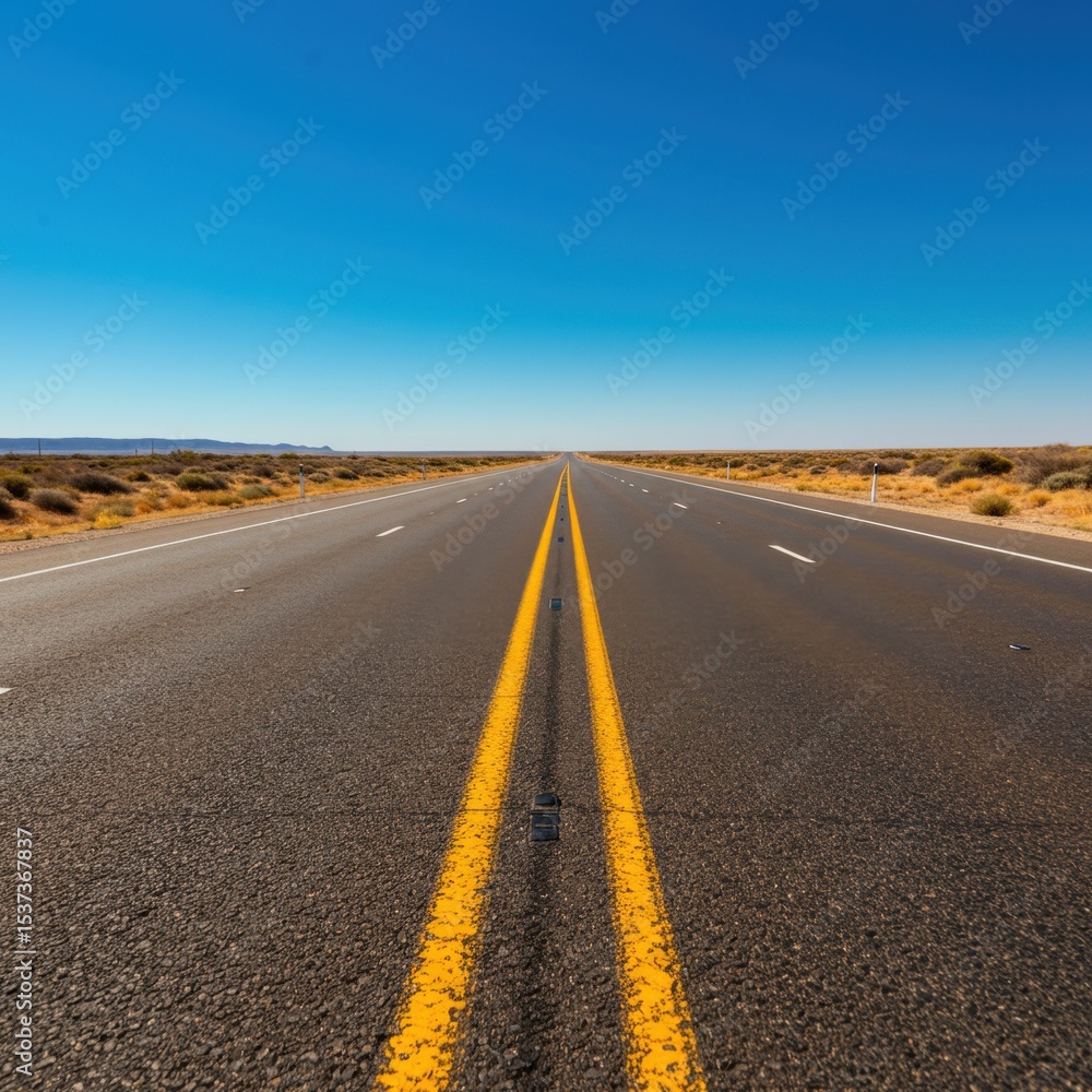 Naklejka premium Endless Asphalt Road Through Arid Desert Under Bright Blue Sky