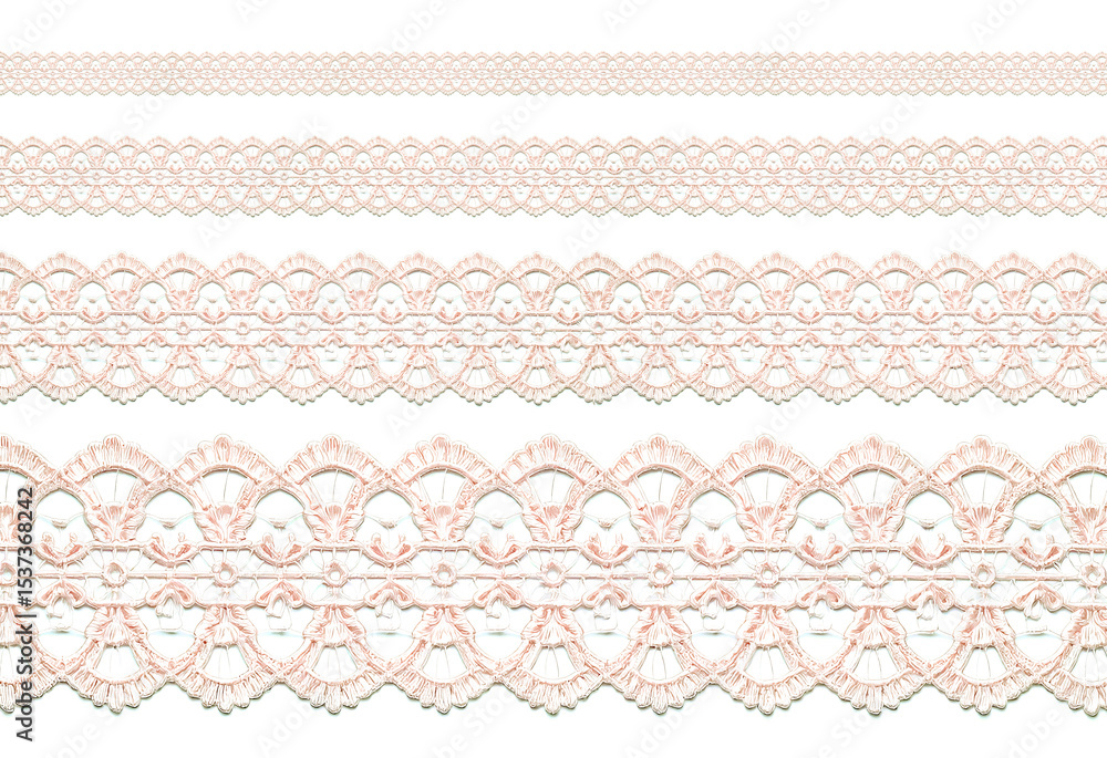 Pink lace ribbons creating elegant and decorative borders on white background Pink lace ribbons creating elegant and decorative borders on white background