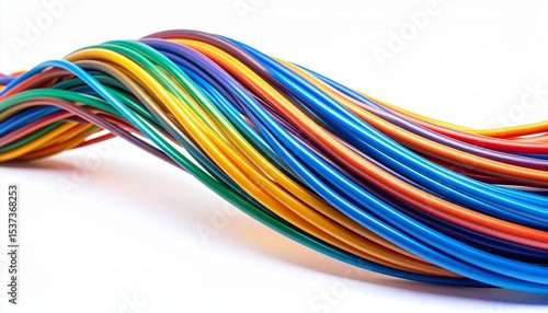 Colorful electrical cables forming a wave on white background