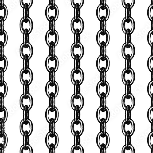 Distressed vertical metal chains seamless pattern with retro photocopy effect. Black monochrome print design with grainy stippling texture Grunge vector illustration isolated on transparent background