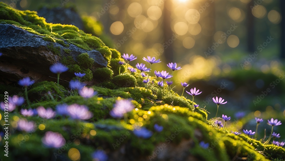 Obraz premium Blooming Purple Flowers on Mossy Rock with Sunlit Forest Background