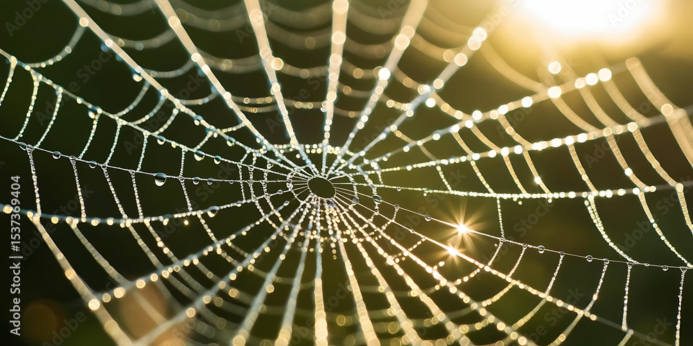 Obraz premium Dew-Covered Spider Web Glistening in Sunlight