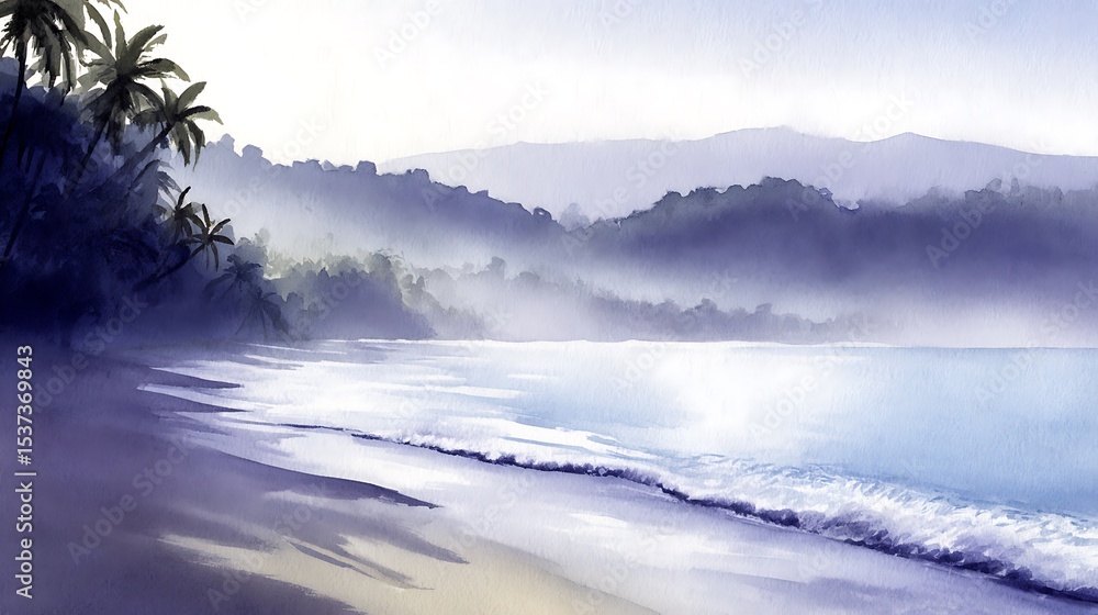 Obraz premium Misty beach scene with palm trees.