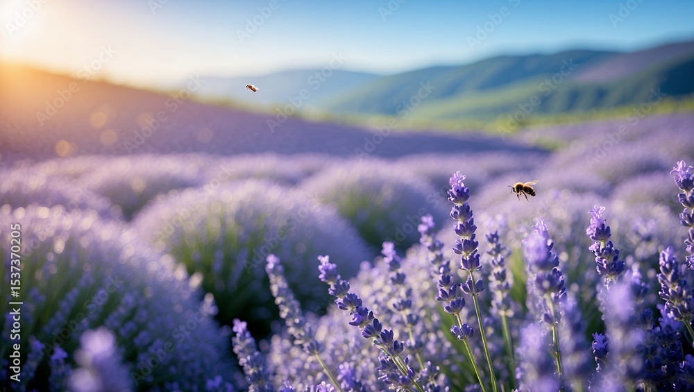 Obraz premium Lavender Field with Flying Bees at Sunset in a Mountain Landscape