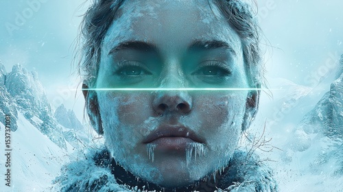 Frozen woman's face, icy mountains