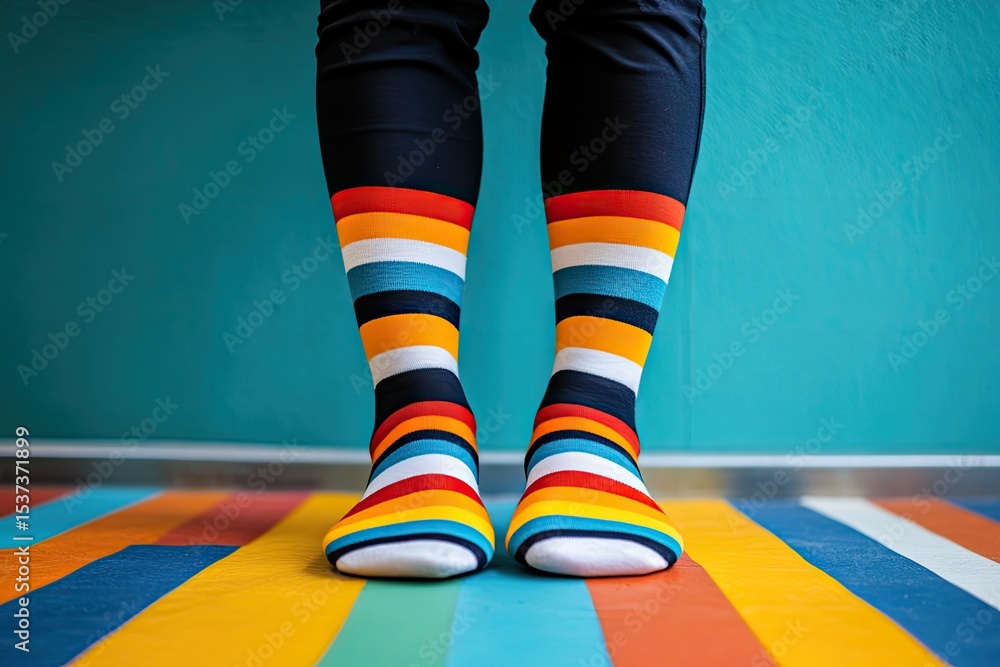 Close-up of patterned socks with bold stripes, conveying movement and vibrancy Close-up of patterned socks with bold stripes, conveying movement and vibrancy