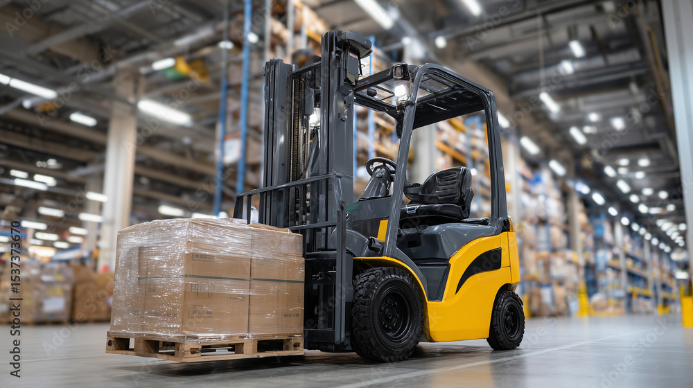 Cargo forklift operator stacking crates in large distribution center, high ceilings, industrial lighting, fast-paced warehouse environment Cargo forklift operator stacking crates in large distribution center, high ceilings, industrial lighting, fast-paced warehouse environment