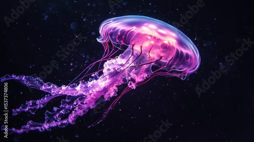 Luminescent pink jellyfish floating gracefully in the dark depths, ethereal illumination