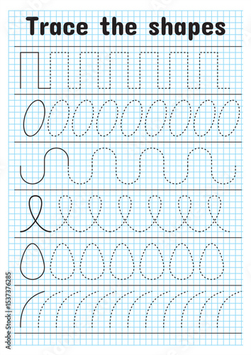 A "Trace the shapes" worksheet on a grid, featuring dotted lines for tracing rectangles, ovals, waves, loops, teardrops, and curved patterns. Perfect for kids' learning, motor skill development, and e