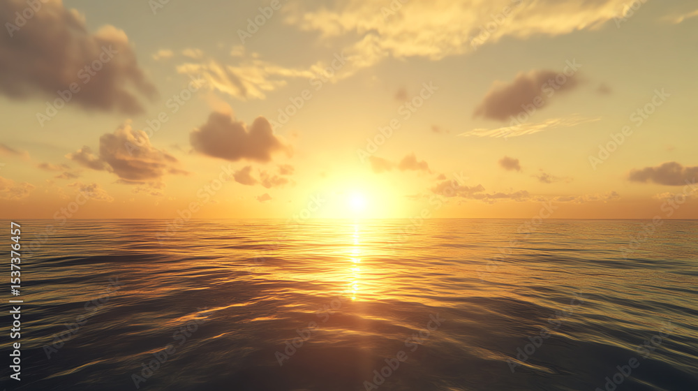 Obraz premium Golden sun rising over the calm ocean, warm hues reflecting on gentle waves, peaceful and serene atmosphere, ultraHD
