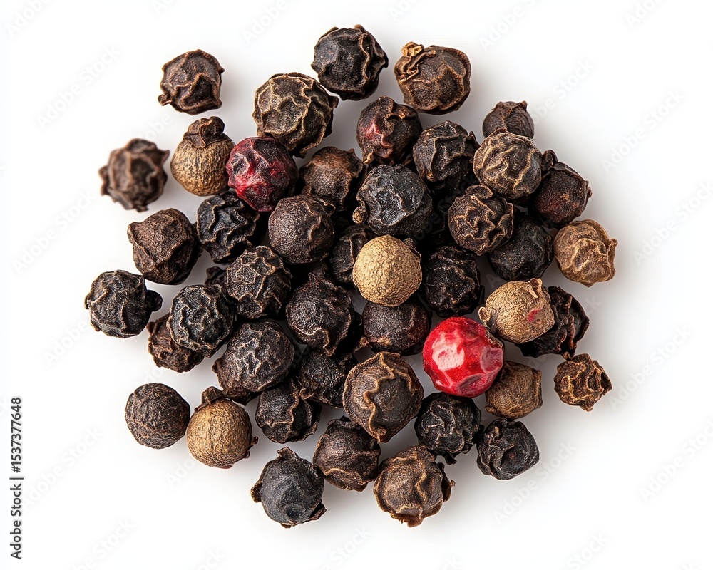 Obraz premium Mixed Peppercorn Delight: A Close-Up of Black, Red, and White Peppercorns Against a Bright Backdrop