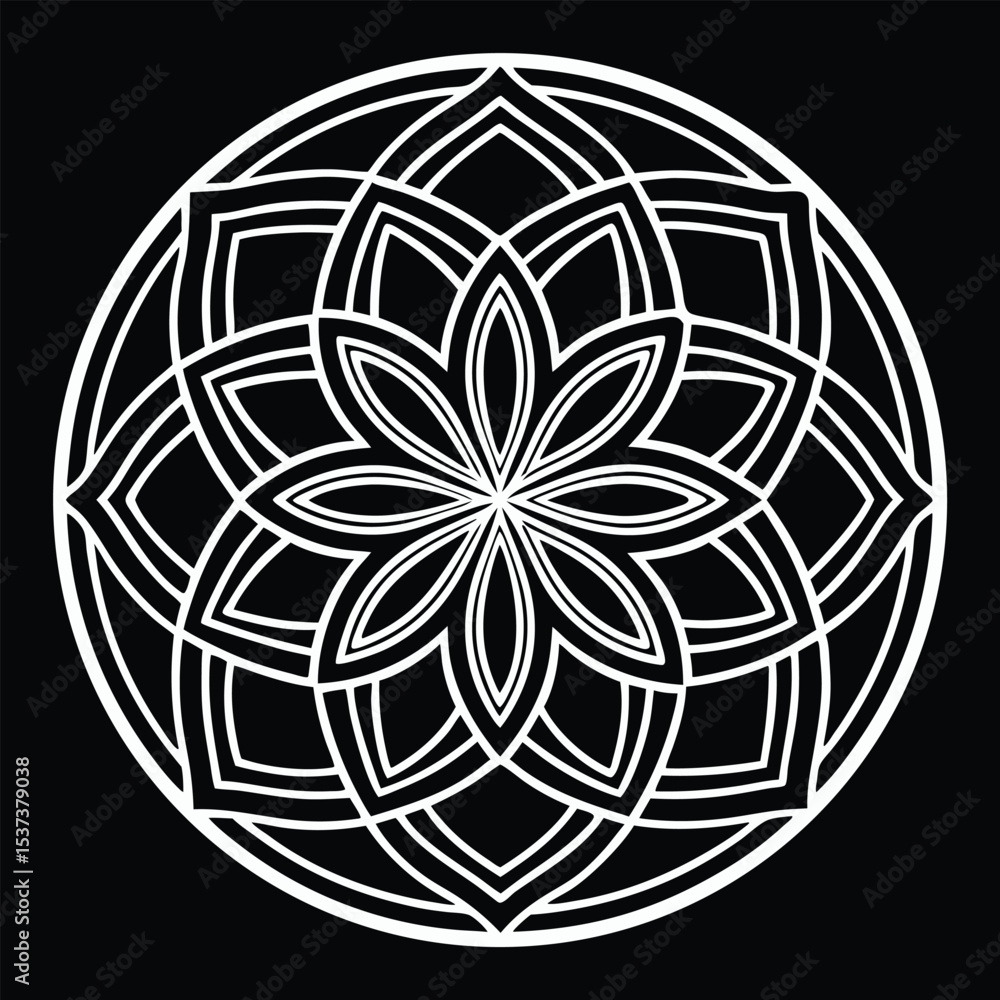 Fototapeta premium White floral abstract symbol gracefully combines geometric elements on a black background to create a clean image