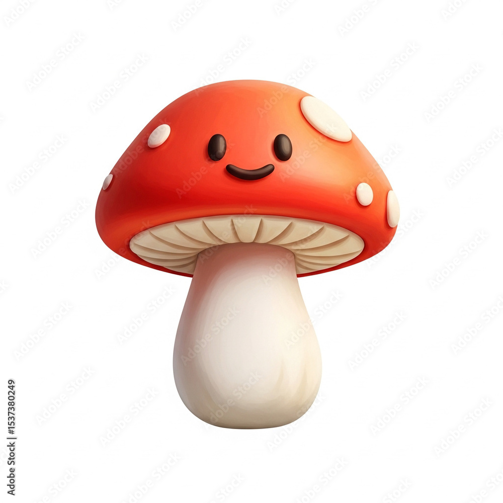 Happy digital clay style mushroom with face, white background Happy digital clay style mushroom with face, white background