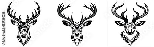 Set of Black and White Deer Head Vector Illustrations with Antlers in Tribal Tattoo Style
