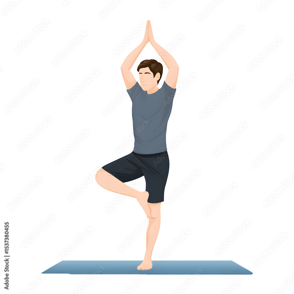 Fototapeta premium A man gracefully performs a tree yoga pose on a blue mat against a transparent background, showcasing balance, fitness, and mindful wellbeing through this elegant illustration.