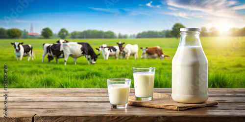 A bottle and two glasses of fresh milk sit on a wooden table. In the background, dairy cows graze on lush green grass under a glowing sunset