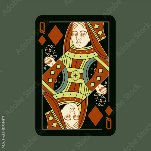 Queen of Diamonds, playing poker card in black design. Isolated vector illustration. Editable stroke lines.