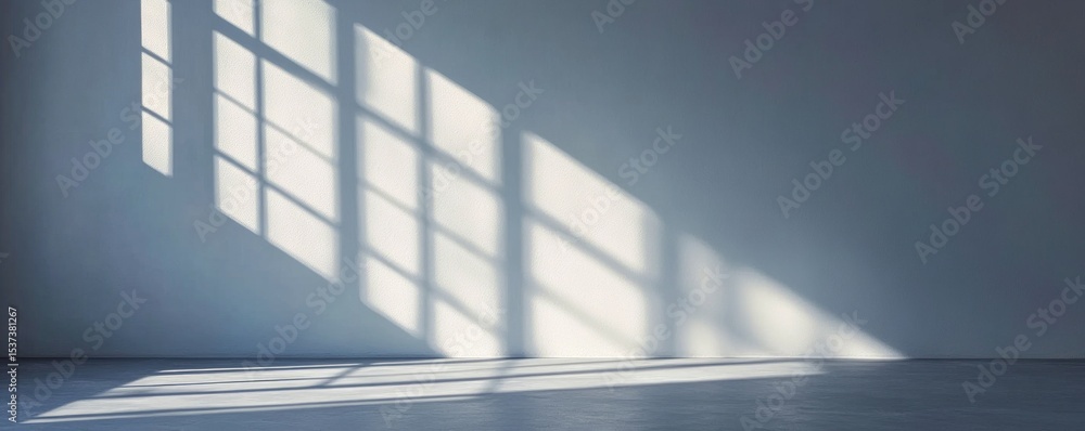 Obraz premium Window Shadow on Wall Minimalist Light and Shadow Composition, Abstract Photography, Interior Design, Concrete Floor, Wall Texture. Keywords Minimalist, Shadow Photography