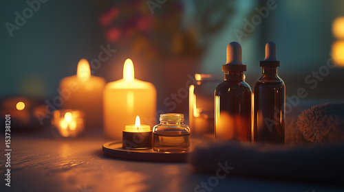 Tranquil Wellness Scene with Glowing Candles and Massage Oils
