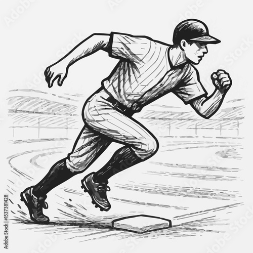 Baseball player sprinting from base in sketch style illustration