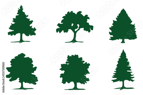 silhouette tree line drawing set, Side view, set of graphics trees elements outline symbol for architecture and landscape design drawing. Vector illustration in stroke fill in white. Tropical