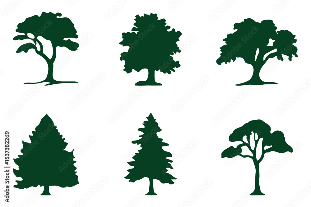 Fototapeta premium tree simple silhouettes . Black tree silhouettes on white background. Red maple, sugar maple, oak, poplar, green oak, birch, mango. Vector illustration.