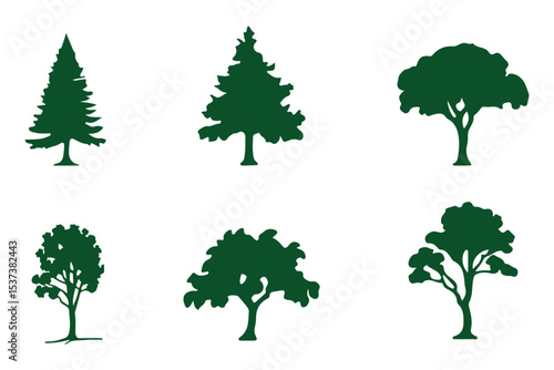 silhouette tree line drawing set, Side view, set of graphics trees elements outline symbol for architecture and landscape design drawing. Vector illustration in stroke fill in white. Tropical