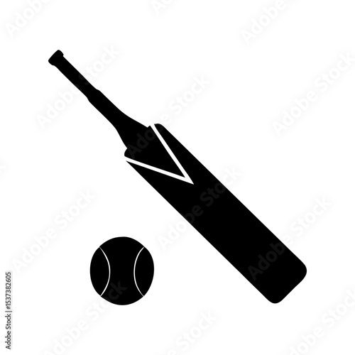 A black and white minimalist illustration of a cricket bat and ball silhouette vector