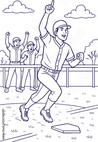 Baseball player celebrating run with cheering teammates line art
