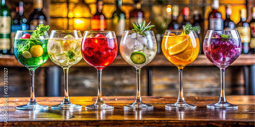 Six vibrant cocktails filled with fresh fruits and herbs are displayed on a rustic bar surface. The blurred backdrop highlights an array of bottles, creating a lively atmosphere