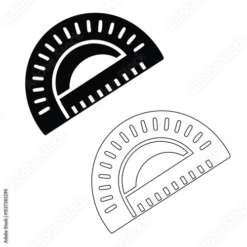 Black and white vector illustration of two semicircle protractor measuring tools isolated on white