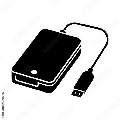 Black external hard drive icon with USB cable for data storage silhouette vector
