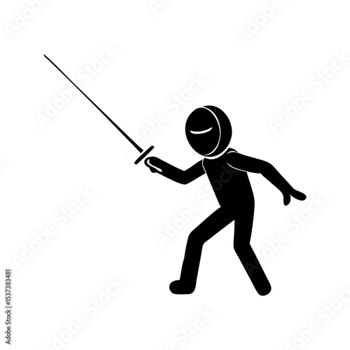 Fencer in action with sword, ready to attack and make a point silhouette vector